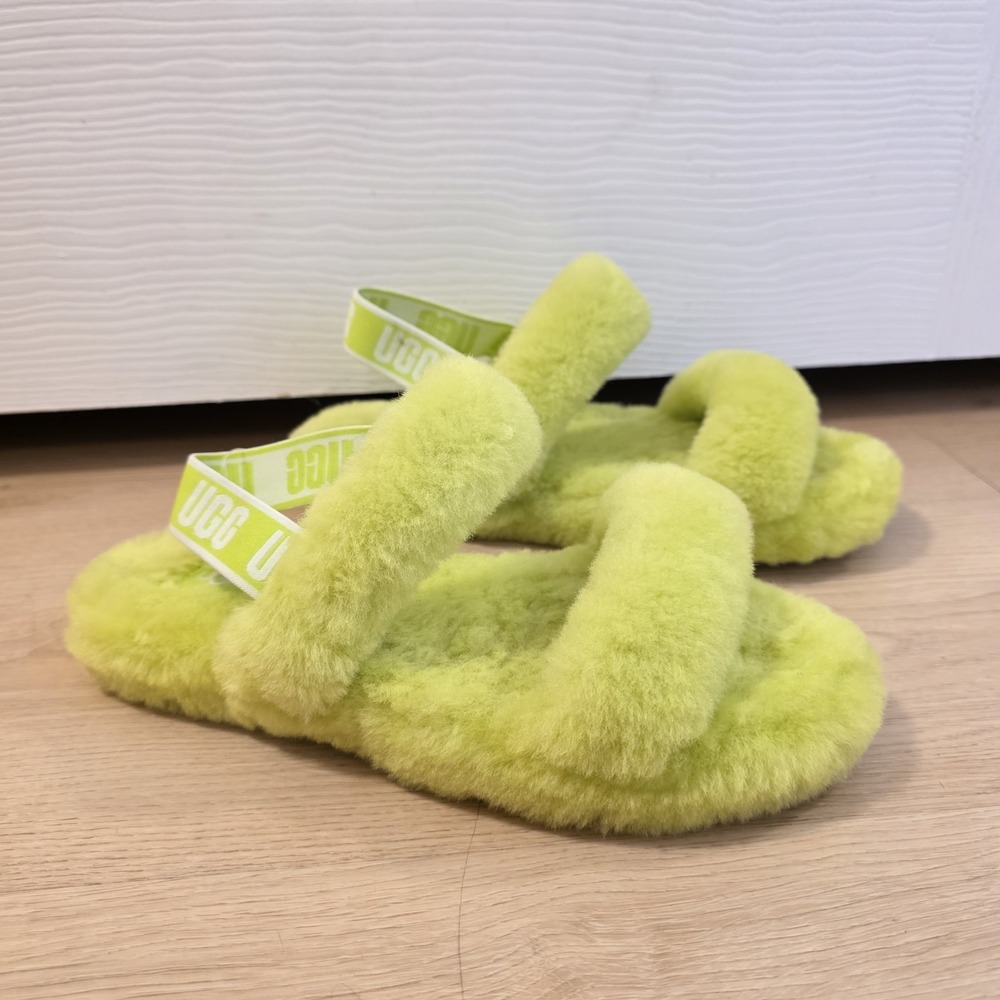 UGG Neon Green Oh Yeah Genuine Shearling Slingback Slipper‎ Sandals Size 6